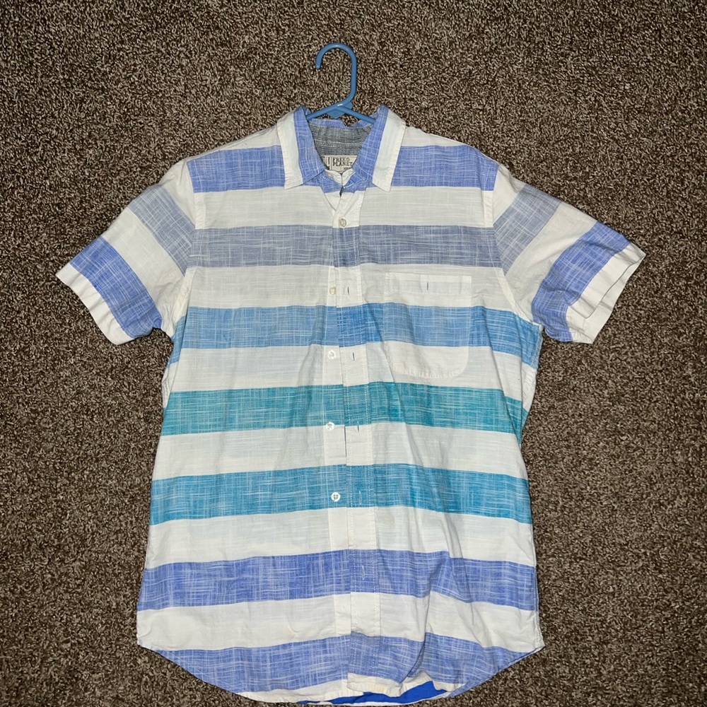 Free Planet Vintage OG Blue White Striped Casual Button Down Polo Dress Shirt
